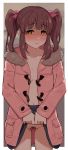  1girl blush border bow breasts brown_eyes brown_hair coat cowboy_shot eyebrows_visible_through_hair fur_trim hair_bow heart heart-shaped_pupils heart_pasties highres idolmaster idolmaster_cinderella_girls lifted_by_self long_hair looking_at_viewer maebari naked_coat nose_blush ogata_chieri omaru_gyuunyuu open_clothes open_coat pasties pink_bow pink_coat pubic_hair sidelocks skirt skirt_lift small_breasts solo sweat symbol-shaped_pupils twintails white_border 