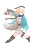  1girl ahoge bangs black_bow black_legwear black_scarf blonde_hair bow fate/grand_order fate_(series) hair_bow haori highres holding holding_sword holding_weapon japanese_clothes katana kimono koha-ace legs_apart obi obijime okita_souji_(fate) okita_souji_(fate)_(all) sash scarf short_hair short_kimono sidelocks simple_background solo standing sword tempura_tera thighhighs v-shaped_eyebrows weapon white_background white_kimono yellow_eyes 