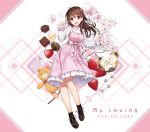  1girl album_cover amagai_tarou ankimo_(tokino_sora_channel) bangs blush brown_eyes brown_footwear brown_hair cat character_name cherry_blossoms chocolate cover dress flower full_body hair_ornament hairclip heart highres hololive long_hair long_sleeves looking_at_viewer official_art open_mouth petals pink_background pink_dress shirt shoes smile star star_hair_ornament stuffed_animal stuffed_toy teddy_bear tokino_sora tokino_sora_channel virtual_youtuber water white_shirt 