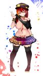  1girl absurdres aoshima bangs bare_shoulders black_choker black_footwear black_shirt boots breasts choker commentary_request eyebrows_visible_through_hair full_body grin groin hand_up hat hecatia_lapislazuli highres large_breasts long_hair looking_at_viewer multicolored multicolored_clothes multicolored_skirt navel nipples off-shoulder_shirt off_shoulder pink_skirt plaid plaid_hat plaid_skirt pubic_tattoo purple_skirt red_eyes red_hair shirt short_sleeves sidelocks simple_background skirt smile solo standing stomach t-shirt tattoo thigh_boots thighhighs thighs touhou white_background wristband yellow_skirt zettai_ryouiki 