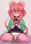  1girl animal_ears black_skirt blue_eyes blush cardigan embarrassed furry green_cardigan grey_background highres legs lifted_by_self mouse_ears mouse_girl_(yuuki_(yuyuki000)) mouse_tail original panties pee peeing peeing_self pink_hair puddle school_uniform serafuku shirt short_hair simple_background sitting skirt skirt_lift solo spread_legs steam sweatdrop tail tears thighs underwear wet wet_clothes wet_panties white_panties white_shirt yuuki_(yuyuki000) 