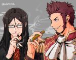  2boys beard blue_eyes brown_hair epaulettes facial_hair fate/grand_order fate_(series) glasses long_sleeves lord_el-melloi_ii male_focus military military_uniform multiple_boys napoleon_bonaparte_(fate/grand_order) necktie simple_background smile smoking uniform wasaji waver_velvet 