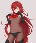  1girl :o absurdres ass_visible_through_thighs bangs bare_shoulders black_gloves black_legwear black_panties blush bodystocking breasts clothes_lift covered_navel cowboy_shot crimson_avenger_(elsword) elbow_gloves elesis_(elsword) elsword eyebrows_visible_through_hair gloves grey_background highres kaminarichyan large_breasts lifted_by_self long_hair looking_at_viewer low_twintails open_mouth panties red_hair simple_background skindentation stomach thighhighs twintails underboob underwear very_long_hair yellow_eyes 