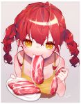  bangs blush braided_tail eating food highres koyubita meat orange_eyes original plate raw_meat red_hair shirt short_twintails signature_artist_name simple_background singlet tagme twintails yellow_shirt 