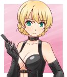  1girl aqua_eyes bangs bare_shoulders black_gloves blonde_hair blue_eyes blush bondage_outfit braid breasts cleavage closed_mouth collar collarbone darjeeling_(girls_und_panzer) elbow_gloves eyebrows_visible_through_hair girls_und_panzer gloves gradient gradient_background looking_at_viewer pink_background portrait riding_crop smile swept_bangs uona_telepin 