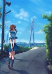  1girl black_legwear blew_andwhite blouse blue_sailor_collar blue_skirt blue_sky bridge brown_hair day from_behind fubuki_(kantai_collection) full_body highres kantai_collection miniskirt mountainous_horizon outdoors pleated_skirt ponytail sailor_collar school_uniform serafuku short_hair_with_long_locks short_sleeves skirt sky solo third-party_edit white_blouse 