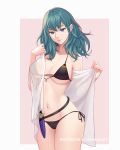  1girl azur_lane belt bikini black_bikini blue_eyes border breasts byleth_(fire_emblem) byleth_(fire_emblem)_(female) cosplay cowboy_shot dagger dakkalot fire_emblem fire_emblem:_three_houses flag_print german_flag_bikini green_hair hair_between_eyes highres large_breasts medium_hair navel pink_background pink_lips prinz_eugen_(azur_lane) prinz_eugen_(azur_lane)_(cosplay) side-tie_bikini smile swimsuit towel weapon white_border 