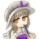  +_+ 1girl avatar_icon chamaji collared_shirt commentary_request eyebrows_visible_through_hair fan folding_fan hat hat_ribbon holding holding_fan long_hair looking_at_viewer lowres partial_commentary ribbon shirt sidelocks signature smile solo touhou upper_body vest watatsuki_no_toyohime white_background 