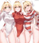  3girls ahoge artist_name ass_visible_through_thighs bangs blonde_hair blush bow braid breasts eyebrows_visible_through_hair fate/extra fate/extra_ccc fate/grand_order fate_(series) fingernails french_braid green_eyes hair_bow hand_on_hip hand_on_shoulder highleg highleg_leotard highres leotard long_hair long_sleeves looking_at_viewer medium_breasts multiple_girls multiple_persona nero_claudius_(bride)_(fate) nero_claudius_(fate) nero_claudius_(fate)_(all) nero_claudius_(swimsuit_caster)_(fate) open_mouth red_bow red_leotard ribbed_leotard shiny shiny_hair signature simple_background smile striped striped_leotard thighs tied_hair tongue tongue_out turtleneck turtleneck_leotard v-shaped_eyebrows white_background white_bow white_leotard yayoimaka03 