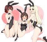  3girls animal_ears artist_name ass black_footwear black_hair black_leotard black_neckwear black_ribbon blonde_hair bow bowtie breasts brown_eyes brown_hair bunny_ears bunny_tail bunnysuit chagen_kokimu commissioner_upload dated detached_collar fubuki_(kantai_collection) full_body gradient_hair green_eyes hair_ribbon heart high_heels highres kantai_collection kneeling leotard long_hair looking_at_viewer low_ponytail multicolored_hair multiple_girls mutsuki_(kantai_collection) non-web_source ponytail red_hair ribbon short_hair short_ponytail sidelocks sitting small_breasts straight_hair strapless strapless_leotard tail wrist_cuffs yuudachi_(kantai_collection) 