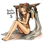  1girl bangs bare_legs bare_shoulders barefoot blush brown_hair character_name commentary_request fingers_together full_body hair_leaf highres horn_ornament horns kotoba_noriaki long_hair long_legs looking_at_viewer nose_blush one-piece_swimsuit original parted_bangs parted_lips pixiv_fantasia pixiv_fantasia_4 pointy_ears red_eyes simple_background sitting slit_pupils solo sweatdrop swimsuit trembling vest white_background 