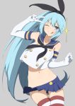  1girl aqua_(konosuba) bangs bare_shoulders black_hairband blue_eyes blue_hair blue_skirt breasts collarbone commentary_request copyright_request cosplay elbow_gloves eyebrows_visible_through_hair gloves grey_background hairband kono_subarashii_sekai_ni_shukufuku_wo! long_hair looking_at_viewer miniskirt navel no_panties pussy_peek red_legwear salpin shirt simple_background skirt solo thighhighs tongue tongue_out very_long_hair white_gloves white_legwear white_shirt 