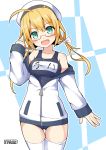  adapted_costume artist_logo artist_name blonde_hair blue_background blue_eyes breasts collarbone cosplay costume_switch cowboy_shot eyebrows_visible_through_hair glasses hair_between_eyes hair_ribbon hat highres i-8_(kantai_collection) jacket kantai_collection large_breasts long_sleeves looking_at_viewer low_twintails name_tag namesake old_school_swimsuit one-piece_swimsuit open_mouth peaked_cap pepatiku red-framed_eyewear ribbon sailor_hat school_swimsuit semi-rimless_eyewear standing swimsuit swimsuit_under_clothes thighhighs twintails under-rim_eyewear white_background white_jacket white_legwear yukikaze_(kantai_collection) yukikaze_(kantai_collection)_(cosplay) 