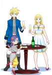 1boy 2girls alcohol alternate_costume bare_shoulders bella_(dq5) black_footwear blonde_hair blue_coat blue_eyes boots champagne champagne_bottle champagne_flute coat collarbone commentary_request cup dragon_quest dragon_quest_v dress drinking_glass earrings eating eyebrows_visible_through_hair food grey_capelet grey_shirt hair_between_eyes hero&#039;s_daughter_(dq5) hero&#039;s_son_(dq5) holding holding_cup holding_food hoop_earrings jewelry leg_up long_hair looking_at_viewer medium_hair multiple_girls off-shoulder_dress off_shoulder older pants piyori_(miko0126) plate pointy_ears purple_footwear purple_hair shirt short_dress simple_background smile spiked_hair table translucent white_background white_dress white_pants yellow_pants 