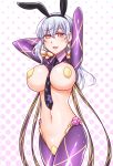  1girl animal_ears between_breasts breasts bunny_ears earrings fake_animal_ears fate/grand_order fate_(series) inverted_costume jewelry kama_(fate/grand_order) large_breasts long_hair looking_at_viewer mabo-udon maebari navel necktie necktie_between_breasts pasties pink_ribbon purple_legwear purple_sleeves red_eyes revealing_clothes reverse_bunnysuit ribbon shrug_(clothing) silver_hair solo stomach 