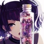  1girl bangs bottle commentary_request diagonal_bangs ear_piercing earrings flower idolmaster idolmaster_shiny_colors jewelry looking_at_viewer minyom open_mouth piercing portrait purple_eyes purple_flower purple_hair simple_background solo tanaka_mamimi twintails white_background white_flower 