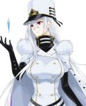  1girl absurdres azur_lane black_gloves breasts cape coat coat_dress double-breasted english_commentary eyebrows_visible_through_hair fur-trimmed_cape fur-trimmed_coat fur_trim gem gloves hair_between_eyes hat high_collar highres jacket_on_shoulders large_breasts military military_hat military_uniform mole mole_under_eye parted_lips red_eyes sovetskaya_rossiya_(azur_lane) suprii uniform white_coat white_headwear 