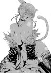  1boy 1girl animal_ears blush breasts cat_ears cat_tail choker detached_sleeves ears_down fangs final_fantasy final_fantasy_xiv greyscale head_tilt highres large_breasts looking_at_viewer miqo&#039;te monochrome nanaya_(daaijianglin) neck_tattoo nude open_mouth short_hair signature simple_background solo_focus sweat sweating_profusely tail tattoo thighhighs white_background wide_sleeves y&#039;shtola_rhul 