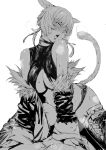  1boy 1girl animal_ears bare_shoulders blush breasts cat_ears cat_tail choker detached_sleeves ears_down fangs final_fantasy final_fantasy_xiv greyscale head_tilt highres large_breasts looking_at_viewer miqo&#039;te monochrome nanaya_(daaijianglin) neck_tattoo open_mouth panties short_hair signature simple_background solo_focus sweat sweating_profusely tail tattoo thighhighs underwear white_background wide_sleeves y&#039;shtola_rhul 
