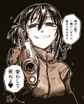  1girl @_@ aiming_at_viewer black_background dated ear_piercing earrings fang grin gun hair_between_eyes handgun heart highres holding holding_gun holding_weapon jacket jewelry kotoba_noriaki long_sleeves looking_at_viewer monochrome one_side_up original outline piercing pistol ribbon sepia short_hair signature simple_background smile solo spoken_heart translation_request upper_body weapon white_outline 