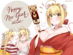  &gt;o&lt; 3girls :q ahoge animal_ears bare_shoulders blonde_hair blush braid breasts cleavage fate/extra fate/extra_ccc fate/grand_order fate_(series) green_eyes hair_bun highres japanese_clothes kimono long_hair mouse_ears multiple_girls nero_claudius_(fate) nero_claudius_(fate)_(all) nero_claudius_(swimsuit_caster)_(fate) paddle sash smile tongue tongue_out yayoimaka03 yukata 