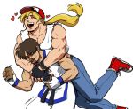  2boys baseball_cap blonde_hair denim fatal_fury fingerless_gloves gloves hat heart jeans kim_kaphwan long_hair multiple_boys nyattoberry pants ponytail shirt sleeveless terry_bogard white_shirt 