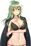  1girl ahoge arknights bangs bikini black_bikini black_coat blush breast_hold breasts cleavage coat collarbone commentary ear_piercing eyebrows_visible_through_hair gavial_(arknights) green_bikini green_hair hair_between_eyes hair_ornament hairclip hand_on_own_chest hand_up highres indonesian_commentary jacket_on_shoulders kitsune_udon_(ai_br) large_breasts long_hair looking_at_viewer midriff navel parted_lips piercing pointy_ears shiny shiny_hair sidelocks simple_background smile solo standing swimsuit two-tone_bikini upper_body white_background yellow_eyes 