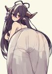  1girl ass ass_focus bandaged_arm bandages bare_shoulders black_hair blush breasts commentary_request corset crescent danua draph dress eyebrows_visible_through_hair gloves granblue_fantasy hair_between_eyes highres horn_ornament horns large_breasts leaning_forward long_hair looking_at_viewer parted_lips pointy_ears red_eyes sepia_background shiroie_mika sidelocks simple_background sleeveless sleeveless_dress solo standing straight_hair very_long_hair white_dress 