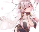  1girl azur_lane blush braid breast_curtains breasts china_dress chinese_clothes dress flower gloves hair_between_eyes hair_ornament hyury large_breasts looking_at_viewer red_eyes revealing_clothes short_hair sirius_(azur_lane) sirius_(azure_horizons)_(azur_lane) solo white_gloves white_hair white_legwear 