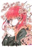  1girl bangs branch cherry_blossoms commentary_request highres jacket long_hair long_sleeves looking_at_viewer nariie_shin&#039;ichirou original petals red_hair scarf solo traditional_media upper_body white_background wind 