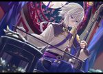  1boy blue_eyes csyko fate/grand_order fate_(series) full_moon gao_changgong_(fate) instrument male_focus mask moon music playing_instrument silver_hair sitting window 