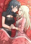  2girls alternate_costume bed_sheet black_hair blanket blue_eyes blush breasts byleth_(fire_emblem) byleth_(fire_emblem)_(female) choker cleavage cleavage_cutout closed_mouth cross-laced_clothes dress edelgard_von_hresvelg eye_contact fire_emblem fire_emblem:_three_houses flower from_above fukuroumori highres holding_hands interlocked_fingers long_hair long_sleeves looking_at_another lying medium_breasts multiple_girls navel on_bed on_side parted_lips petals pillow pink_choker pink_flower pink_rose purple_eyes rose rose_petals shirt short_sleeves sidelocks smile taut_clothes taut_shirt under_covers white_hair yuri 