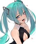  1girl :d bangs bare_shoulders black_choker black_dress blue_eyes blue_hair blue_nails blush breasts choker cleavage cleavage_cutout collarbone dress hatsune_miku heart long_hair looking_at_viewer medium_breasts nail_polish oni_noodle open_mouth pointing pointing_at_self simple_background sleeveless sleeveless_dress smile solo tongue tongue_out tsurime twintails upper_body upper_teeth vocaloid white_background 