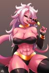  1girl abs absurdres android_21 ass_visible_through_thighs bare_shoulders black_legwear black_sclera black_sleeves breasts chocolate_banana cleavage collarbone covered_nipples detached_sleeves dragon_ball dragon_ball_fighterz ear_clip earrings flipped_hair highres hoop_earrings jewelry jmg long_hair long_tongue looking_at_viewer majin_android_21 naughty_face neck_ring pink_hair pink_skin pointy_ears prehensile_tongue red_eyes sharp_teeth sitting skindentation solo stick strapless tail teeth thick_thighs thighhighs thighs tongue tubetop 