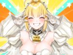  1girl ^_^ ahoge armpits bangs blush breasts bridal_veil chain cleavage closed_eyes detached_sleeves double_v emotional_engine_-_full_drive fate/extra fate/extra_ccc fate/grand_order fate_(series) flower gloves grin hair_flower hair_ornament highres lock nero_claudius_(bride)_(fate) nero_claudius_(fate) nero_claudius_(fate)_(all) smile solo v veil white_gloves yayoimaka03 