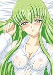  blush breasts c.c. cleavage code_geass covered_nipples dress_shirt eiji fingernails green_hair large_breasts long_fingernails long_hair lying see-through shirt solo yellow_eyes 