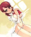  between_breasts breasts brown_hair choker darabuchi earrings groin jewelry large_breasts no_bra open_clothes open_shirt panties panty_pull persona persona_3 pink_eyes ribbon shirt short_hair solo takeba_yukari underwear white_panties 