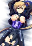  armor arms_up bed blonde_hair blush breasts cameltoe heterochromia huge_breasts kuronezumi long_hair lying lyrical_nanoha mahou_shoujo_lyrical_nanoha_strikers nipples older ponytail solo torn_clothes vivio 