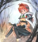  1girl bangs black_gloves blush breasts brown_eyes cape earrings framed_breasts fur_trim gloves headband highres jewelry knees_together_feet_apart lina_inverse long_hair orange_hair rein00 ribbed_sweater shoulder_pads sitting slayers small_breasts smile solo sweater 