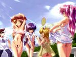  4girls blonde_hair blue_hair breasts everyone hose kamishiro_rin kazetsubaki_kuriko komatsu_eiji kurioka_maiho large_breasts long_hair maburaho medium_breasts miyama_yuuna multiple_girls no_panties nude nude_filter pubic_hair purple_hair pussy see-through shikimori_kazuki third-party_edit undressing water wet wet_clothes 