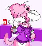  aeris aeris_(vg_cats) bottomless breasts cat clothed clothing coffee collar feline female fur hair half-dressed mammal morning newspaper perverted_bunny pink_fur pink_hair plain_background pussy solo vg_cats webcomic white_background 