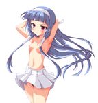  armpits arms_behind_head bangs blue_hair blunt_bangs breasts cowboy_shot hair_tubes hayakawa_harui kannagi long_hair miniskirt nagi navel nipples no_bra panties pleated_skirt purple_eyes simple_background skirt small_breasts solo topless underwear white_background white_skirt 