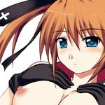  black_gloves blue_eyes breast_suppress breasts gloves kuronezumi large_breasts lowres lyrical_nanoha mahou_shoujo_lyrical_nanoha_strikers nipples simple_background solo teana_lanster upper_body white_background 