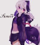  1girl belt character_name commentary cowboy_shot flower_(vocaloid) fur-trimmed_hood gloves gomiyama grey_background head_tilt hood hooded_jacket jacket looking_to_the_side midriff multicolored_hair navel purple_eyes purple_gloves purple_hair purple_jacket short_hair_with_long_locks shorts sidelocks solo standing streaked_hair symbol_commentary v_flower_(gynoid_talk) v_flower_(vocaloid4) vocaloid white_hair 