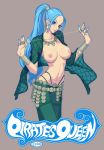  1girl blue_hair bracelet breasts commentary_request earrings english_text fingernails grey_background highres hoop_earrings jewelry long_fingernails long_hair nail_polish navel necklace nefertari_vivi one_piece pirate ponytail q-bit ring simple_background solo thumb_ring 