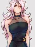  1girl alternate_costume android_21 belt black_belt black_dress breasts closed_mouth collarbone dragon_ball dragon_ball_fighterz dress earrings grey_background hair_between_eyes hoop_earrings jewelry kemachiku large_breasts long_hair looking_at_viewer majin_android_21 pink_hair red_eyes simple_background sleeveless sleeveless_dress solo 