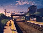  1girl bag brown_hair building cloud doora_(dora0913) dusk from_behind grass highres original outdoors pedestrian_bridge pleated_skirt railroad_tracks scenery school_uniform shadow shoes short_hair skirt sky socks tactile_paving telephone_pole train_station walking 