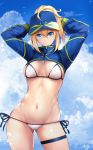  1girl ahoge arms_behind_head arms_up artoria_pendragon_(all) bangs baseball_cap bikini blonde_hair blue_eyes blue_headwear blue_jacket blue_sky breasts closed_mouth cropped_jacket fate/grand_order fate_(series) hair_between_eyes hair_through_headwear hat highres jacket long_hair long_sleeves looking_at_viewer medium_breasts mysterious_heroine_xx_(foreigner) navel ponytail shrug_(clothing) side-tie_bikini sidelocks sky smile solo swimsuit thigh_strap untsue white_bikini zipper_pull_tab 