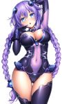  cameltoe choujigen_game_neptune cleavage erect_nipples lambda_(artist) leotard no_bra purple_heart thighhighs 