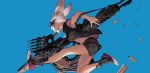  1girl animal_ears bare_legs blue_eyes bunny_ears bunny_girl byuub crop_top dark_skin final_fantasy final_fantasy_xiv goggles goggles_on_head gun jacket jumping machinist_(final_fantasy) midriff navel open_clothes open_jacket open_mouth shell_casing shoes short_hair shorts strap strap_slip viera weapon white_hair 
